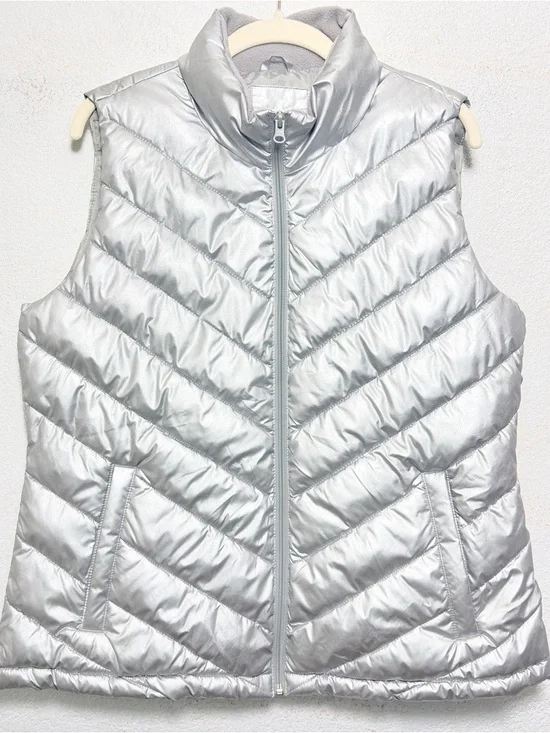 Gap Y2K Metallic Silver Puffer Vest Large Liquid Metal Space Age Shiny Quilted L - Picture 2 of 10